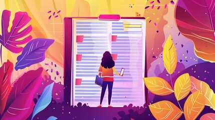 A woman holding a notebook and pencil stands in front of a large, glowing book, symbolizing analysis and learning amidst vibrant abstract background elements.