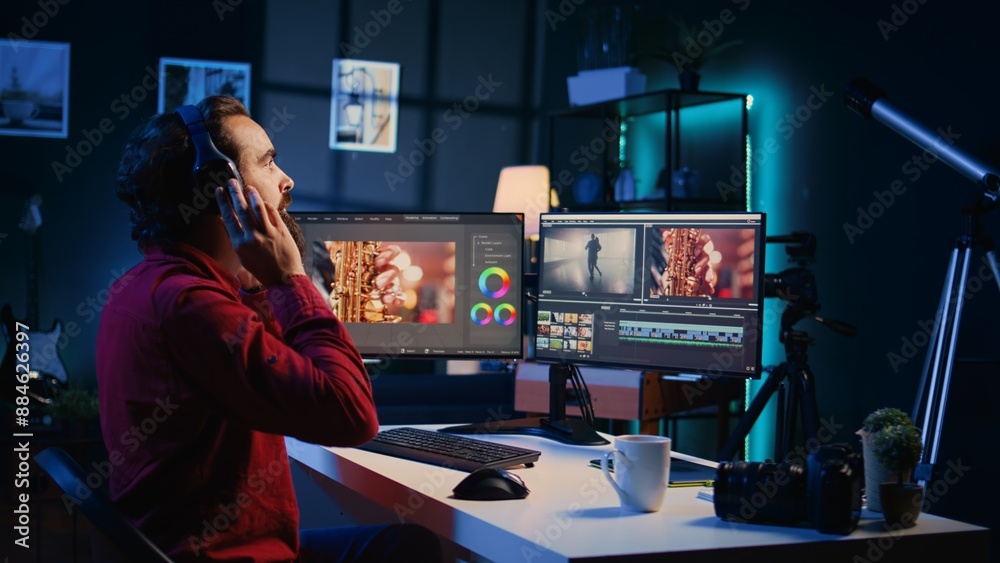 Poster videographer uses software to create visual effects for video projects while relaxing with some musi