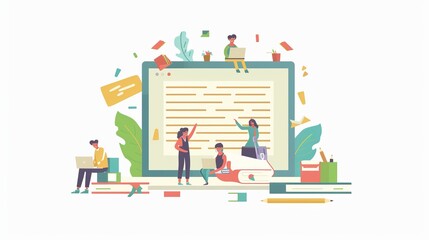 An illustration showing a creative team working on a large computer screen, surrounded by books and documents, symbolizing collaboration, creativity, and digital projects.