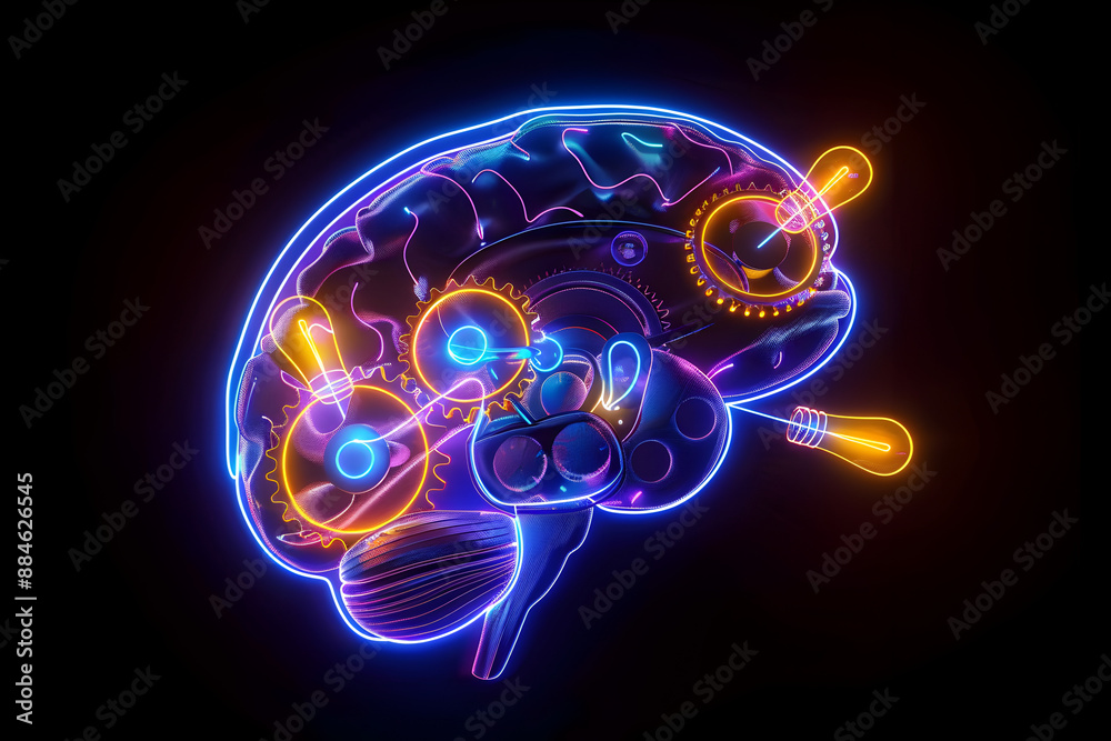 Wall mural neon brain with gears isotated on black background.