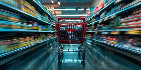 Red shopping cart racing down a supermarket aisle products and shelves slightly blurred to highlight the speed and motion captured in vivid detail