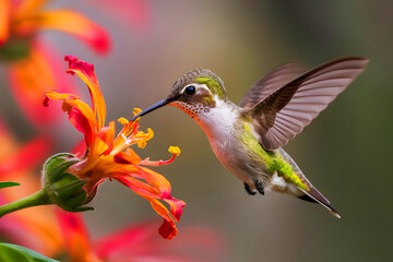 Fototapeta premium A close-up macro shot shows a hummingbird in mid-flight, enjoying nectar from a vibrant flower.