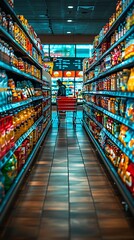 Vivid supermarket aisle with a prominent empty red shopping cart rows of products on either side and a subtly blurred customer for depth.