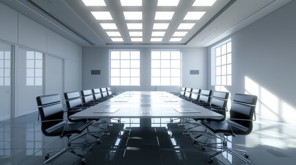 A modern conference room bathed in natural light, featuring sleek furniture and large windows, designed to facilitate effective meetings and professional collaboration.