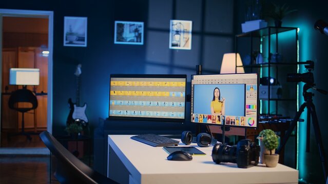 Photo retouching software interface on computer in empty freelancing apartment studio. Photography organizing program displayed on multi monitors PC setup in personal office, panning shot