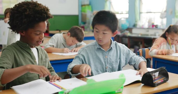 Learning, students and kids help to study in classroom for knowledge, test and writing exam. Friends, talking and team in lesson for education or children drawing in kindergarten together at school