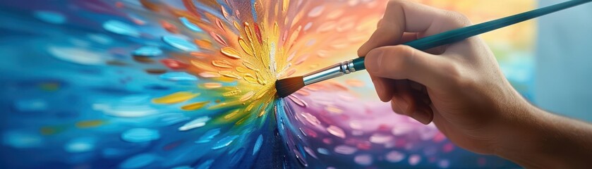 A hand holding a paintbrush paints a colorful abstract background.