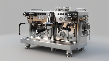 Fototapeta premium A sophisticated, high-end espresso machine made of stainless steel, equipped with multiple dials and levers, ready for brewing the perfect cup in a professional or home setting.