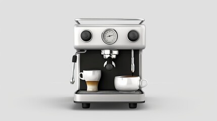 A minimalist espresso machine designed for two coffee cups, featuring a sleek and modern aesthetic, ideal for a quick and efficient coffee brewing.