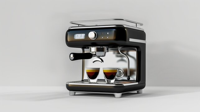 A black espresso machine brewing two espresso shots into glass cups. Sleek and modern design with digital interface, fitting seamlessly into any contemporary coffee setup.