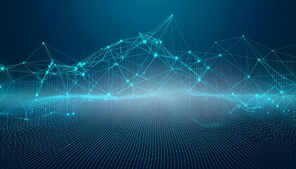 Big data visualisation. Abstract digital particles. Cyber network background. Technology concept with lines and doth gloving. Generative ai image