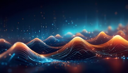 Naklejka premium Big data visualisation. Abstract digital particles. Cyber network background. Technology concept with lines and doth gloving. Generative ai image