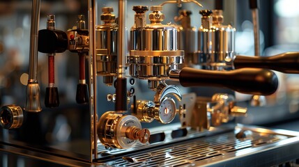 This close-up emphasizes the detailed and sophisticated parts of an espresso machine with shiny components, reflecting the craftsmanship and design involved in the making.