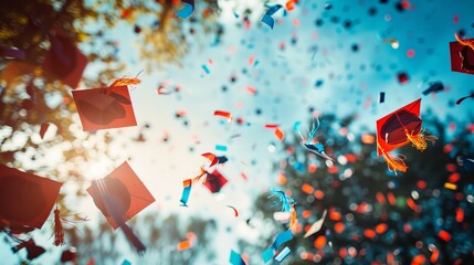 This lively image captures a graduation celebration with hats tossed triumphantly into the air, symbolizing success, achievement, and the exuberance of accomplished students.