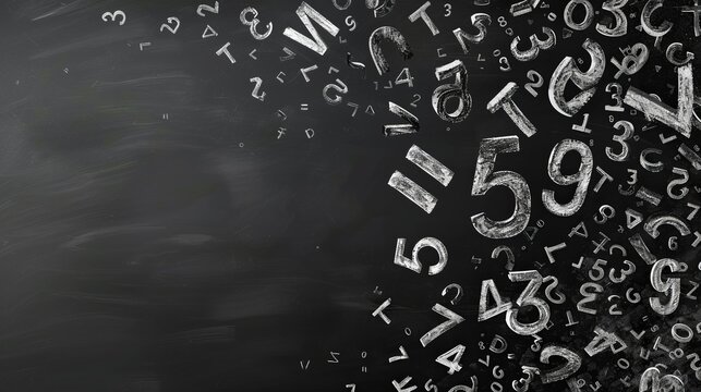 This abstract image features a chaotic scattering of white chalk-drawn numbers and letters on a blackboard, symbolizing calculations, education, and knowledge. A perfect representation of mathematica