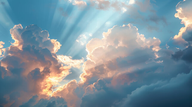 A breathtaking sky scene with sunlight streaming through billowing clouds, casting long, dramatic shadows