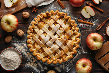 Delicious traditional apple pie made of fresh red apples with cinnamon on a black table. There are red apples, flour, oatmeal, and walnuts nearby. View from above. Menu, recipe