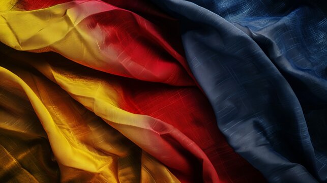 Vibrant fabrics in rich red, yellow, and blue hues folded together in this dynamic and visually appealing composition, exuding energy and a sense of movement.