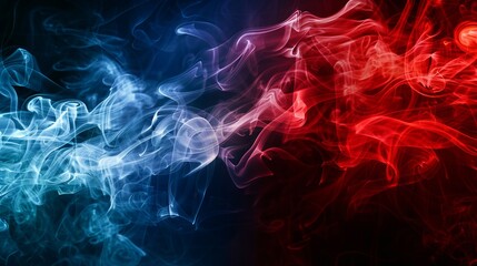 This artwork showcases red and blue abstract smoke flowing and interacting dynamically, highlighting seamless transitions and intricate patterns that evoke a sense of movement and energy.