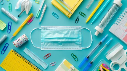 School supplies and medical equipment, including notebooks, pencils, syringes, and a mask, are carefully arranged on a clean blue surface, showcasing a blend of education and health.