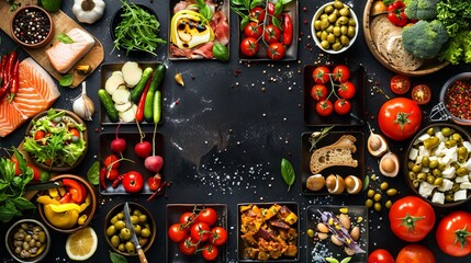 An assortment of fresh ingredients and delectable dishes artfully arranged, showcasing a variety of culinary delights including salmon, olives, tomatoes, and greens.