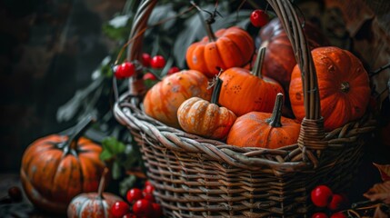 Pumpkins in basket thanksgiving autumn harves wallpaper background