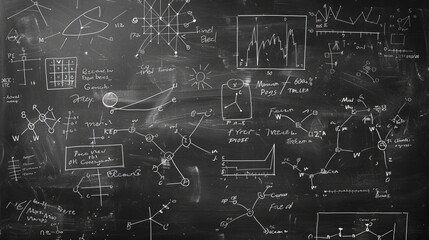 A highly detailed image of a chalkboard filled with complex scientific formulas, equations, and diagrams, representing a scene of intense academic study and research.