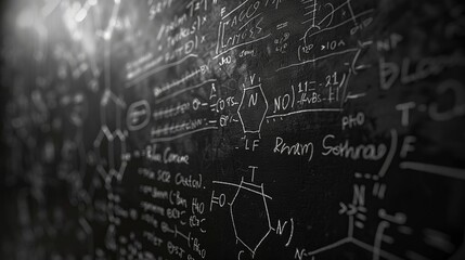 A close-up view of a chalkboard with handwritten scientific equations and symbols, capturing the essence of rigorous academic pursuit and intellectual curiosity.