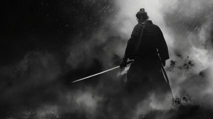 Ronin Warrior Miyamoto Musashi Standing in Smoke with Sword in Black and White