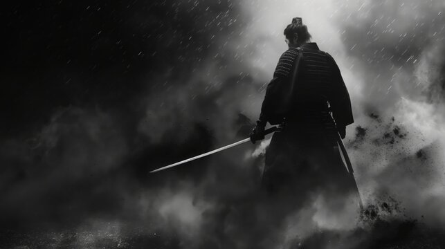 Ronin Warrior Miyamoto Musashi Standing in Smoke with Sword in Black and White