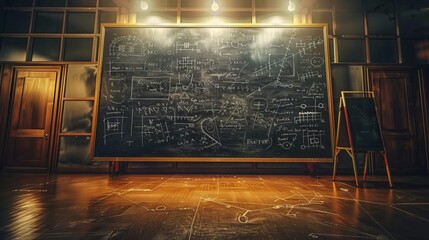 A spacious classroom with a floor-to-ceiling blackboard covered in intricate math equations, symbols, and graphs, reflecting a rich atmosphere of academic curiosity and knowledge.