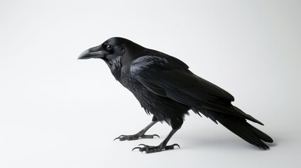 Obraz premium Large black raven is standing on a white background, its black feathers gleaming in the light