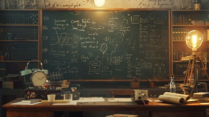 A study room showcasing a chalkboard covered in complex equations and diagrams, surrounded by an array of books, scientific instruments, and a warm, intellectually stimulating ambiance.