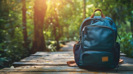 A tranquil image of a green backpack resting on a wooden bench in the middle of a lush green forest, with sunlight streaming through the trees in the background.