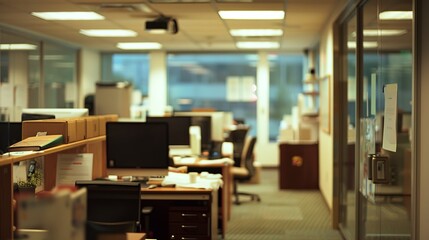 A modern office room with several empty desks and computer screens, showcasing a professional and serene working environment with neatly organized office supplies and folders.