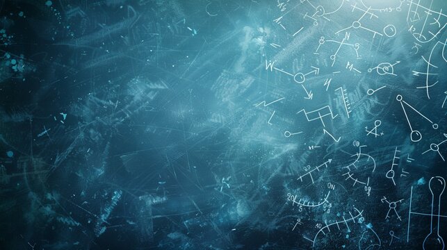 This image presents a chalkboard covered in complex physics formulas and diagrams, representing scientific thought, education, and intellectual exploration.