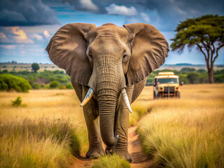 Majestic elephant roams freely in vast African savannah, trunk curled, ears flapping, as safari vehicle waits patiently in distance, capturing essence of wild adventure.