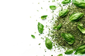 A compacted pile of fresh green leaves on a white surface, suitable for use in still life photography or as a decorative element