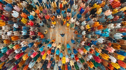 This top view image captures a collective gathering of people wearing vibrant colored clothes standing in a circular formation, reflecting diversity and unity from a unique perspective.