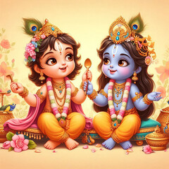 kid versions of Radha and Krishna playing together, symbolizing joy, purity, and spiritual connection