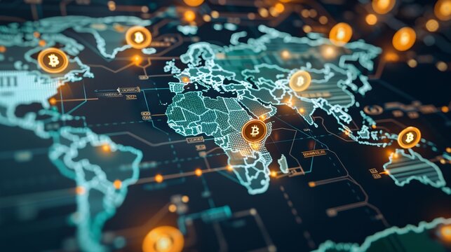 This image focuses on Africa, featuring a Bitcoin network data visualization on a digital map with connected lines and glowing Bitcoin symbols, representing African digital finance.