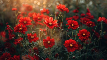 A serene scene featuring a field of red flowers illuminated by the warm light of sunset