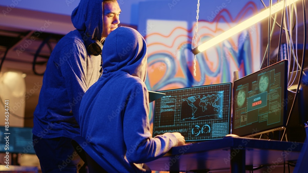 Poster hackers in secret underground warehouse trying to steal valuable data by targeting governmental webs
