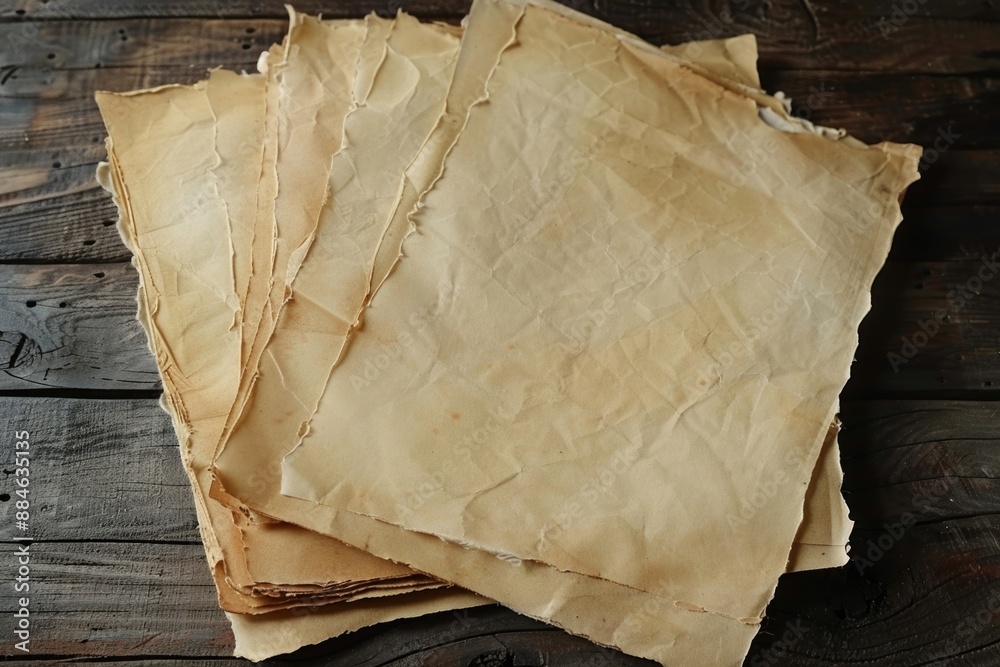 Poster a stack of vintage documents or books placed on a rustic wooden surface