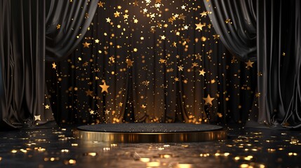 A magical stage setup adorned with twinkling stars and elegant black curtains, creating a sparkling backdrop for a grand graduation night, celebrating academic success.