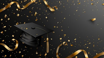 A sleek image showcasing a black graduation cap surrounded by elegant golden ribbons and confetti, representing the sophistication and celebration of academic success and completion.