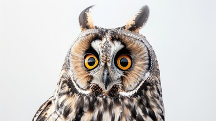 Fototapeta premium Gorgeous long-eared owl gazes intensely with yellow eyes against a white backdrop