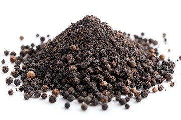A close-up shot of a pile of black pepper grains on a clean, white surface