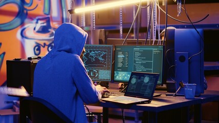 Hacker in abandoned warehouse with graffiti walls writing code that spoofs his location, tricking...