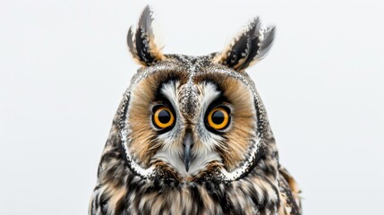 Naklejka premium Intense stare: a stunning long-eared owl with bright yellow eyes on a white background